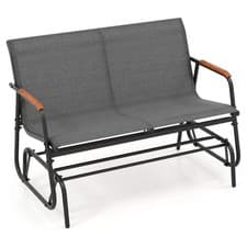Image of 2-Person Patio Glider Bench with Curved Teak Armrests and Breathable Fabric Seat