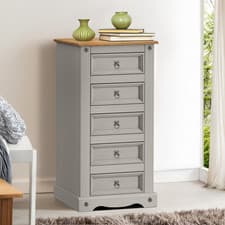 Image of Corona Chest of Drawers Grey Wax 5 Drawer Narrow Solid Wood Pine Wooden Bedroom