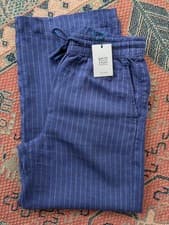 Image of White stuff 'Belle' wide leg linen trousers. Navy pin stripe. Size 10 Short