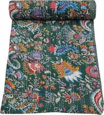 Image of Indian Handmade Cotton Green Kantha Quilt Floral Printed Blanket Bedspread Throw