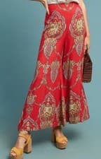 Image of Anthropologie Pants Womens 12 Red Paisley Wide Leg Boho Dress Crepe Relaxed Fit