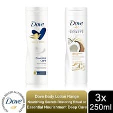 Image of Dove Body Lotion Nourishing Secrets Restoring Ritual or Essential Care, 3x250ml