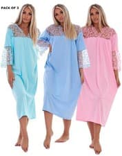 Image of Pack of 3 Ladies Floral Lace Nightdress Soft Comfortable Long Sleeved Nightwear