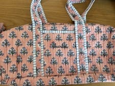 Image of Mark & Graham Block Print Duffle Bag Floral Pink Blue Monogrammed “Charlie “