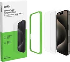 Image of Belkin ScreenForce 9H Tempered Glass Screen Protector for iPhone 15 Pro, 2-Pack.