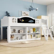 Image of Mid Sleeper Bed With Storage, Cabin Bed Single Bed for Kids, Space Saving, White
