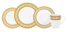 Image of Porcelain Dinnerware Set for 1 - White with Gold, 4 Piece Set Greek Key Design