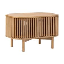 Image of Oak Corner TV Unit Linea Slatted Media Cabinet Stand Modern Scandinavian