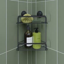 Image of Croydex Black Corner Shower Caddy Stick ’n’ Lock 2 Tier Adhesive Basket Storage
