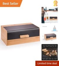 Image of Black Bamboo Bread Bin with Hinged Lid - Modern Kitchen Storage, 36x22x14cm