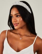 Image of ACCESSORIZE PEARL SCALLOP HEADBAND FAUX WHITE BEAD BEADED ALICE HAIR HEAD BAND