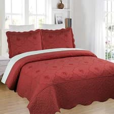 Image of 3 Piece Floral Embroidered Quilted Bedspread-Beautiful Stitching