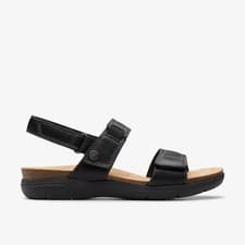 Image of Clarks Womens April Clover Black Combination Flat Sandals Leather Casual