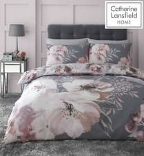 Image of Catherine Lansfield Dramatic Floral Blossoms Print Grey Duvet Quilt Cover Set