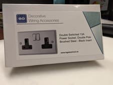 Image of British General BG Double Switched 13A Power Socket, Brushed Steel- Black Insert