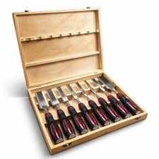 Image of Wood Chisel Set Bevel Edge Strike Caps Soft Grip Handles Wooden Storage Case 8pc