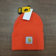 Image of Carhartt Mens Beanie Watch Hat One Size Coral Pink Patch Acrylic Knitted Cuffed