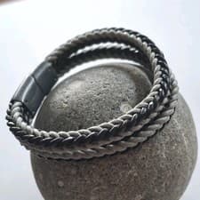 Image of Fred Bennett bracelet leather cord two row grey black stainless steel magnetic