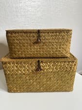 Image of Two Wicker Storage Baskets Woven Storage Box With Lid Seagrass - Small & Medium