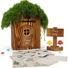 Image of Woodland Fairy Mailbox w/Fake Moss Roof – Magical Wooden Post Box Set w/ 30 F...