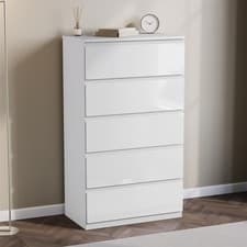 Image of High Gloss 5 Drawer Chest of Drawers Wide Storage Bedroom Furniture