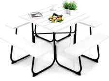 Image of 8 Seater Outdoor Picnic Table Set with Benches & Umbrella Hole – White