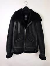 Image of Men's Black Avirex Flight Bomber Aviator fur Shearling Real Leather Jacket,New