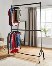 Image of Clothes Rail Two Tier Heavy Duty Double Garment Hanging Rack Portable Wheels