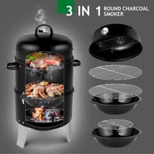 Image of Vertical Steel Charcoal Smoker, Heavy-Duty Double-Layer BBQ Grill, Black