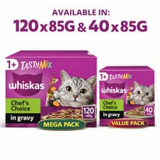 Image of 120 x 85g Whiskas 1+ Chef's Choice Mix Mixed Adult Wet Cat Food Pouches in Gravy