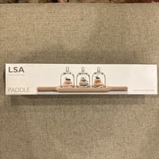 Image of LSA INTERNATIONAL GLASS DOME TRIO & OAK PADDLE TABLEWARE FOOD SERVING SET NEW