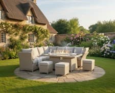 Image of Rattan Corner Dining Set with Fire Pit Table 9 Seater Garden Furniture Grey