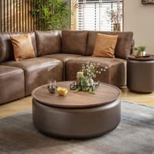Image of Large Modern Round Coffee Table Walnut Wood Brown Metal Drum 90cm