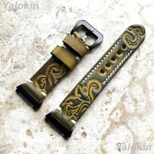 Image of Green and Yellow Embossed Handmade Leather Watch Band Strap for Fitbit Ionic