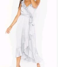 Image of SHOW ME YOUR MUMU Samantha Ruffle Wrap Dress Silver Luxe Satin-Size Large-New