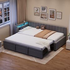 Image of Daybed with Pull Out Trundle, 3ft Upholstered Single Bed Frame with LED, Grey