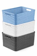 Image of Plastic Rattan Storage Baskets 3 x 18L Large Stackable Woven Boxes Containers