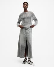 Image of AllSaints Women's Metallic Grey Open-Knit Crew Neck Jumper Open-Knit Size XS
