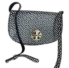 Image of Tory Burch Jamie convertible leather crossbody bag in blue with a polka dot