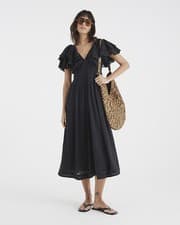 Image of River Island Womens Midi Dress Black Premium Flutter V-Neck Short Flutter Sleeve