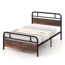 Image of Double Size Bed Frame Platform Metal Slats Support Bed W/ Industrial Headboard