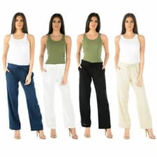 Image of LADIES LINEN TROUSERS CASUAL HOLIDAY WOMEN SUMMER PANT ELASTICATED WAIST BOTTOMS