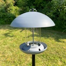Image of Free Standing Bird Feeder on a Pole Mounted Metal Garden with Dome Roof