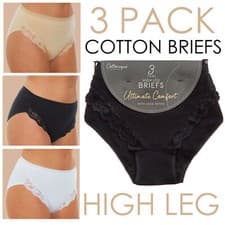 Image of Ladies High Leg Briefs Knickers Cotton Rich Lace Comfort 3 Pack 12 14 16 18 24