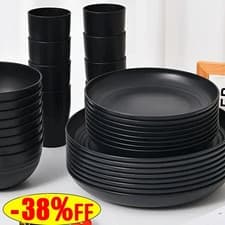 Image of Black Dinnerware Bowl Plates PP Round Dinner Set Tableware 32PCS/SET