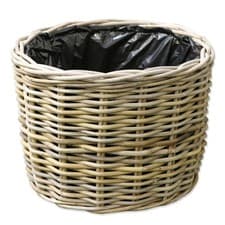 Image of Grey & Buff Rattan Round Wicker Planter Plant Pot Flower Woven Lined Garden