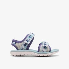 Image of Clarks Girls Surfing Tide Toddler Silver Flat Sandals,Riptape Textile Casual