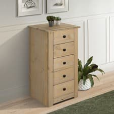 Image of Panama Chest of Drawers 5 Drawer Tall Narrow Solid Pine Wood Waxed Oak Finish