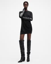 Image of AllSaints Women's Sheath Mini Dress Black Crew Neck Long Sleeve Size UK 12