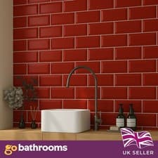 Image of Gloss Red Brick Bevel Subway Metro Kitchen Bathroom Wall Tiles | 100x200mm Box
